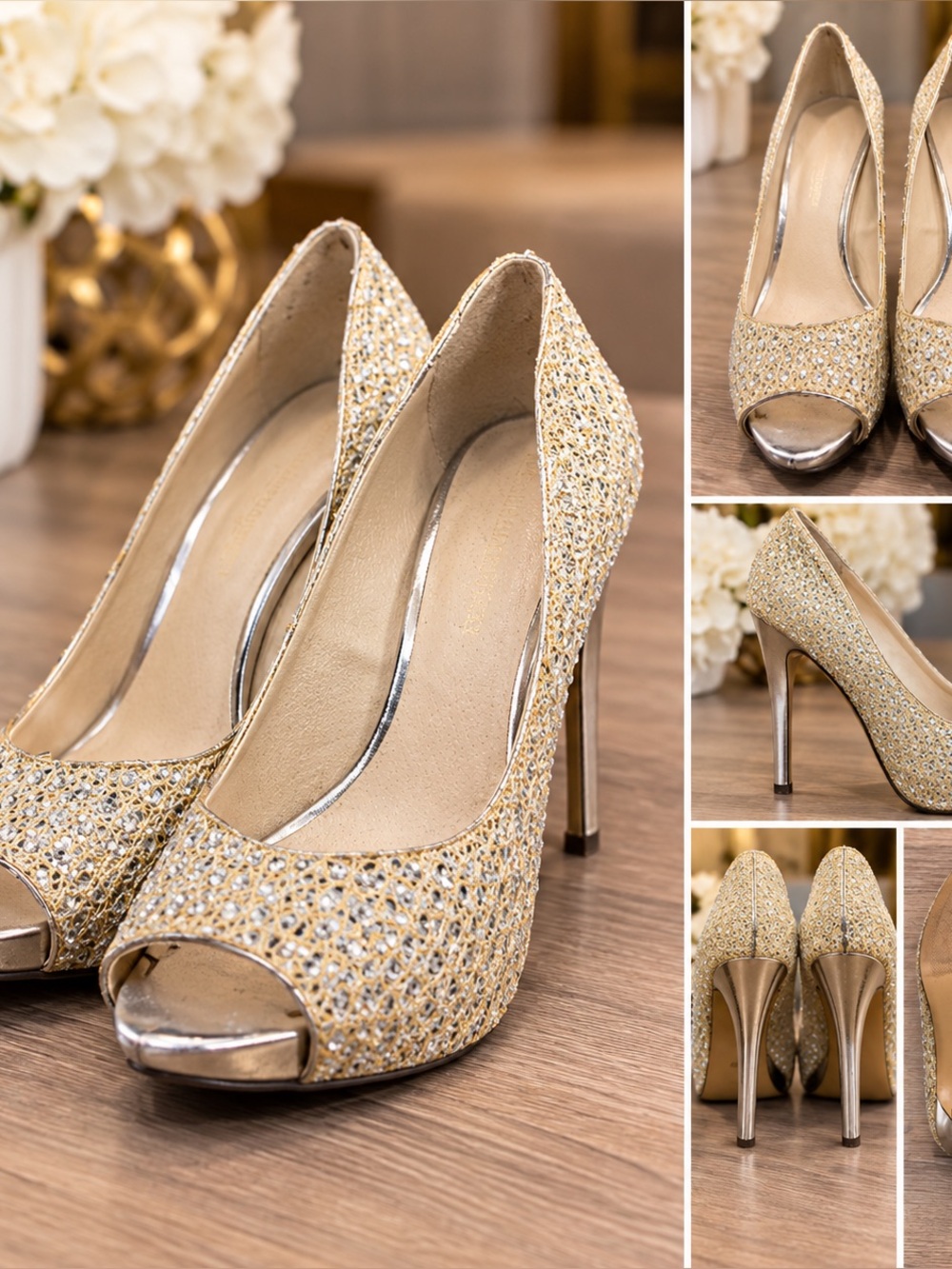 Women’s Gold Rhinestone Peep-Toe High Heels Sparkly Dress Shoes
